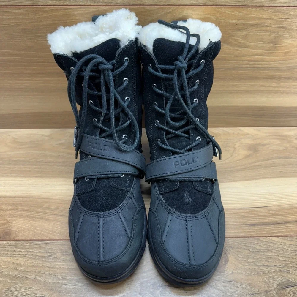 Polo Ralph Lauren Tavin‎ Shearling Boots Big Boys Size 4.5 Black Leather Suede